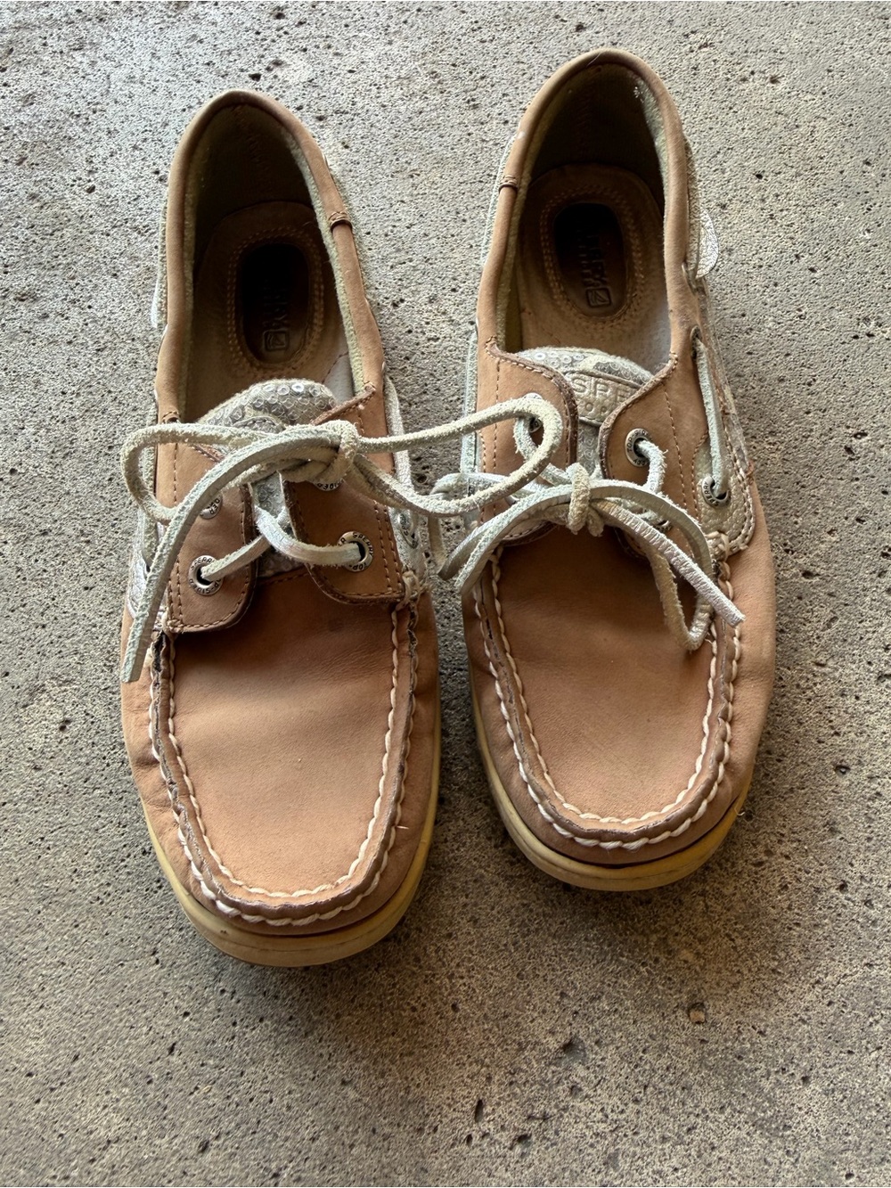 Sperry Tan Leather Boat Shoes with Silver Laces